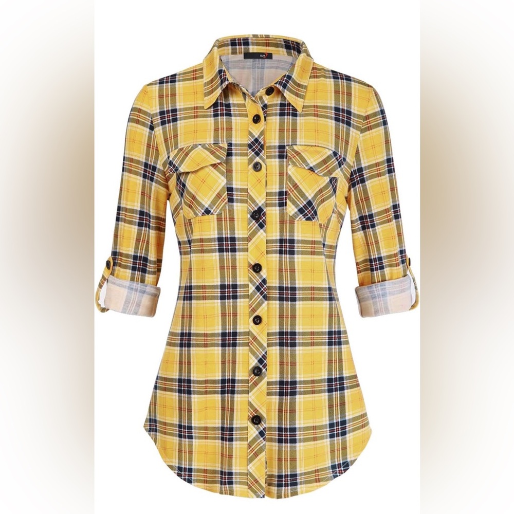 Women's Yellow Plaid Button-Down Shirt with Roll-Tab Sleeves Worn Twice.